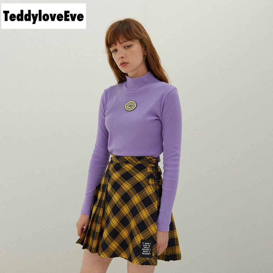 Cute Purple Knit Long Sleeve Shirt Turtleneck Sweatshirt T-shirt Top Autumn E-Girl Kawaii Korean Japanese Harajuku Streetwear
