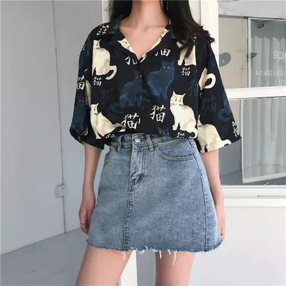 Chinese Letter Cat Animal Print Casual Loose Button Down Collar Short Sleeve Tee Shirt T-shirt Top E-Girl Kawaii Korean Japanese Harajuku Streetwear