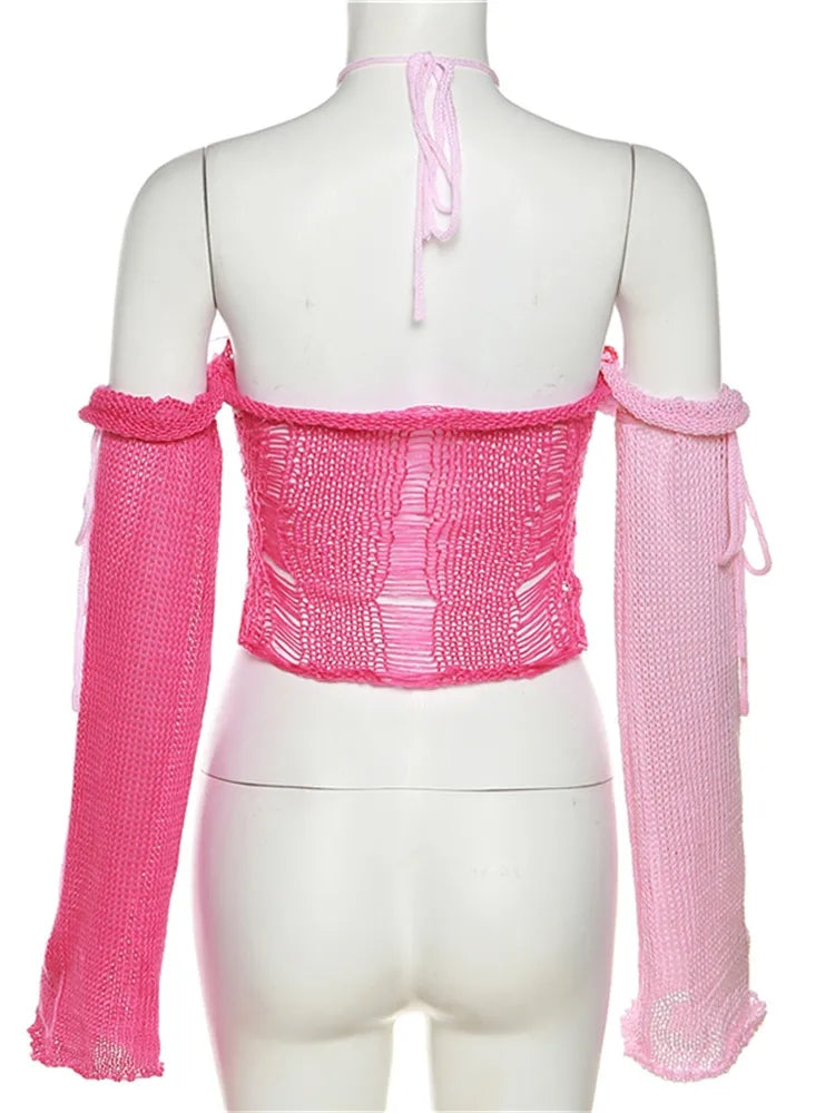 Pink Color Contrast Knit Long Sleeve Halter Top