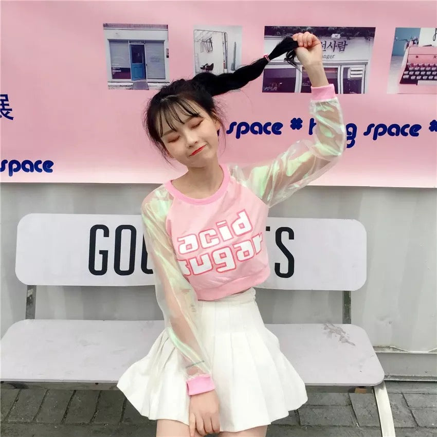 Pastel Pink Acid Holographic Laser Transparent Crop Top Long Sleeve Tee Shirt T-shirt Top Sweatshirt E-Girl Kawaii Korean Japanese Harajuku Streetwear