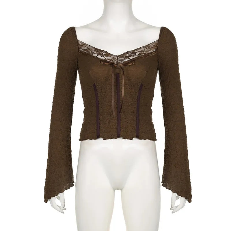 Brown Lace Trim V Neck Flare Long Sleeve Top