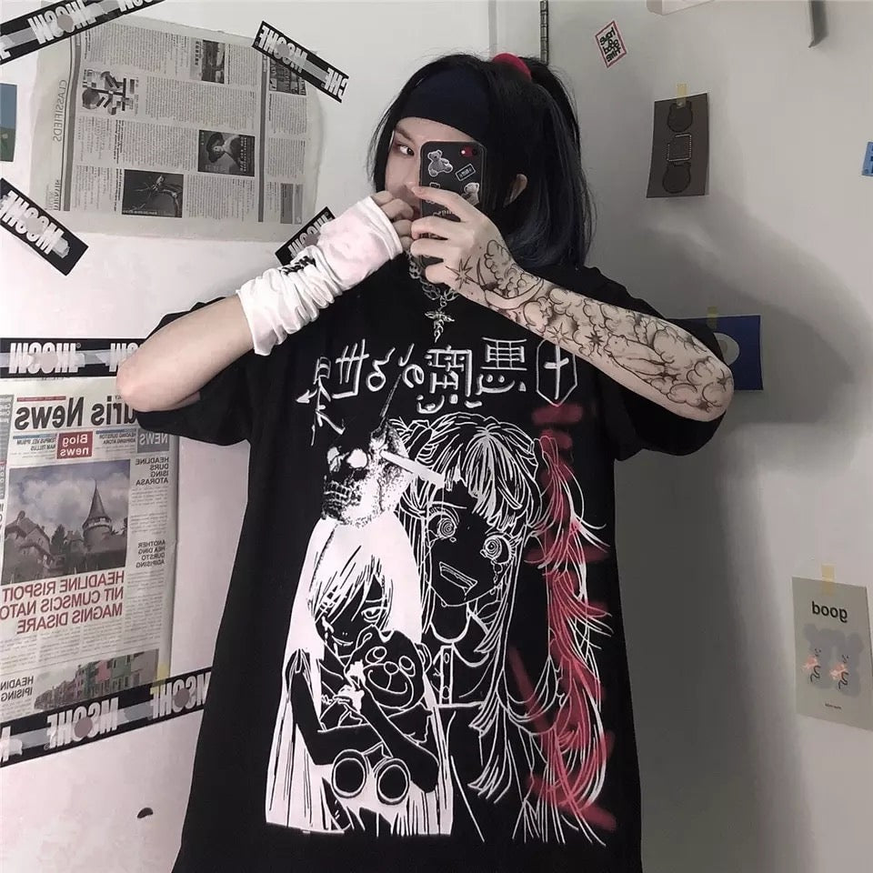 Dark Anime Girl Cartoon Print Loose Short Sleeve T-shirt Top Summer Causal Goth Punk E-Girl Kawaii Korean Japanese Harajuku Streetwear