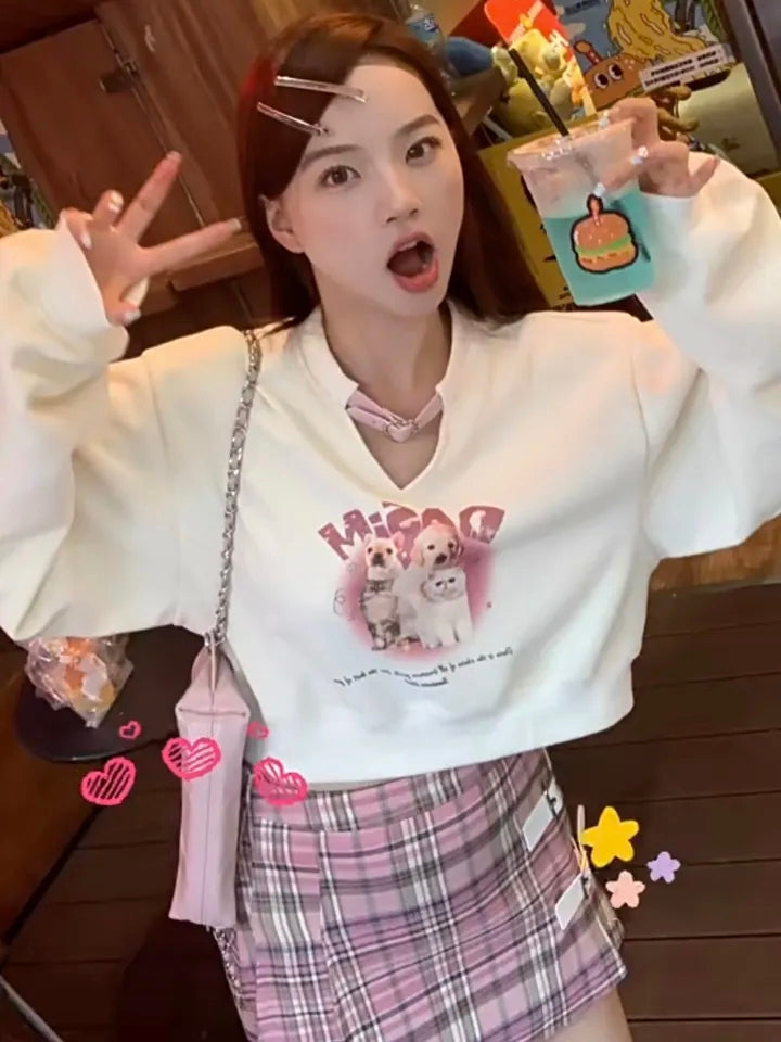 Kawaii Animal Print Cropped Sweatshirt