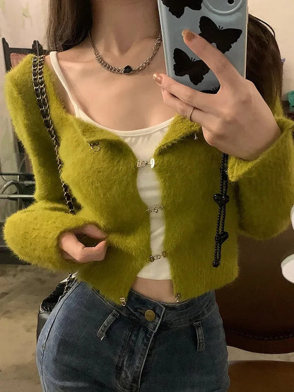 Fluffy Green Buckle Cropped Sweater