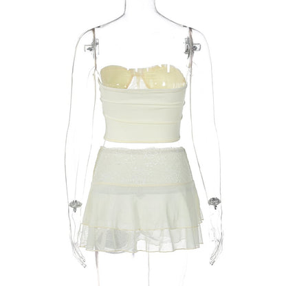2PCS Cream Lace Corset Top + Mini Skirt