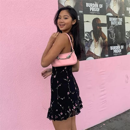 Cute Sweet Flower Mesh Embroidery V-neck Sling A-line Mini Dress Summer Aesthetic Casual E-Girl Kawaii Korean Japanese Harajuku