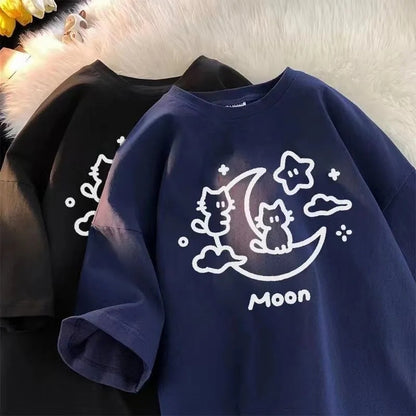Cat Moon Print Short Sleeve T-shirt