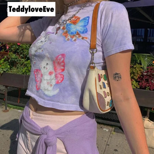 Cute Cat Butterfly Print Purple Sexy Crop Top Tank Short Sleeve Shirt Tee T-shirt Summer Casual E-Girl Kawaii Korean Japanese Harajuku Streetwear