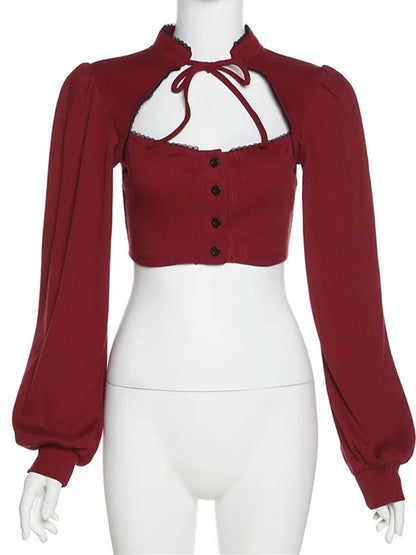 Red V Neck Puff Long Sleeve Shirt