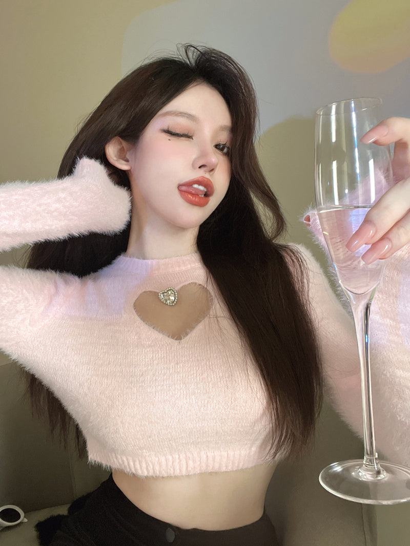 Heart Hollow Out Crystal Stud Long Sleeve Top