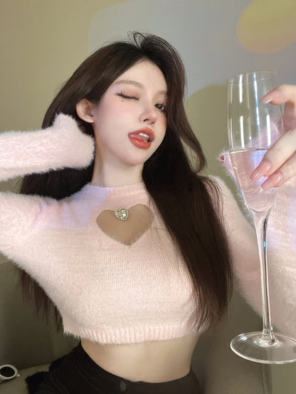 Heart Hollow Out Crystal Stud Long Sleeve Top