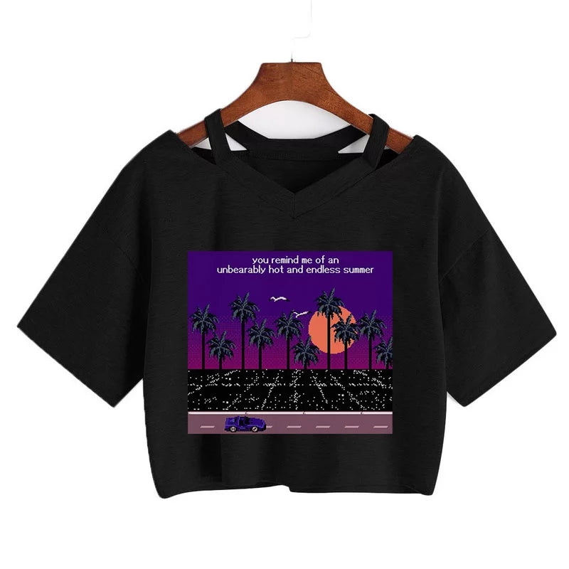 Cute Vintage Mountain Road Moon Night Sky Print Crop Top Short Sleeve Shirt Aesthetic Casual E-Girl Kawaii Korean Japanese Harajuku