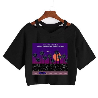 Cute Vintage Mountain Road Moon Night Sky Print Crop Top Short Sleeve Shirt Aesthetic Casual E-Girl Kawaii Korean Japanese Harajuku