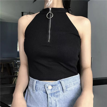 Cute Black White Sexy Knit Zipper Sleeveless Shirt Crop Top Tank Camisole Aesthetic Casual E-Girl Kawaii Korean Japanese Harajuku