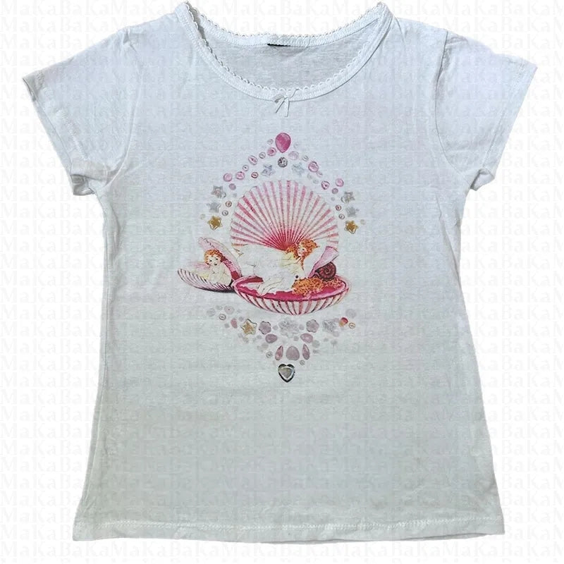 Fairy Shell Print Lace Trim Baby Tee