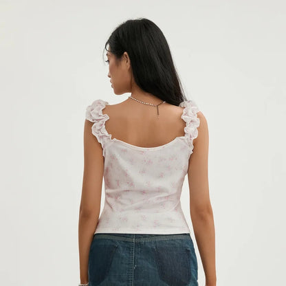 Blue Floral Lace Cottage Tank Top