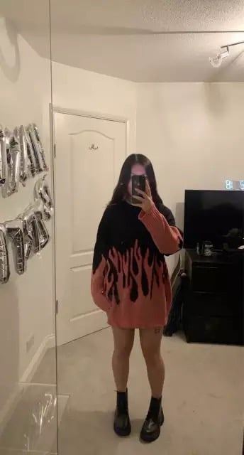 Black Pink Vintage Fire Flames Loose Oversized Long Sleeve Knit Sweatshirt Sweater Pullover Jumper E-Girl Kawaii Korean Japanese Harajuku Streetwear
