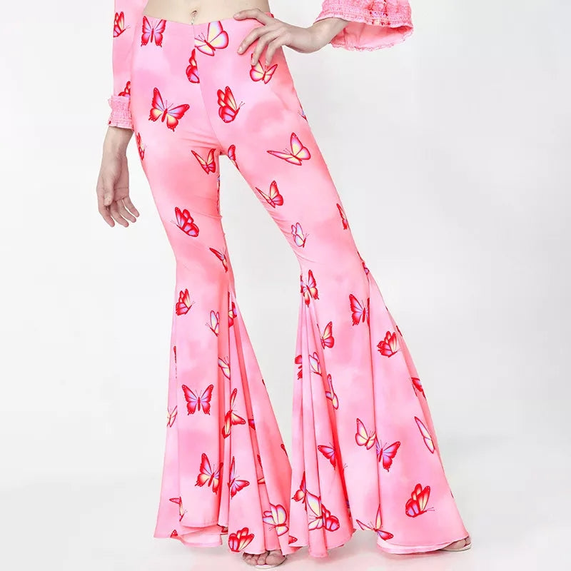 Pink Butterfly Low Waist Flare Bell Bottom Pants Rave Festival Aesthetic Casual E-Girl Kawaii Korean Japanese Harajuku