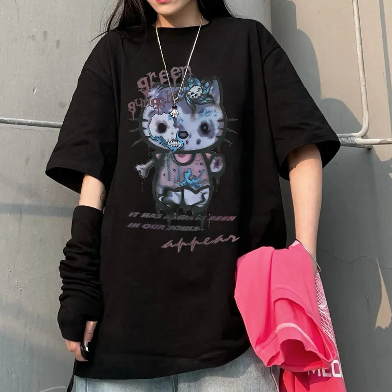 Zombie Anime Cat Print Short Sleeve T-shirt