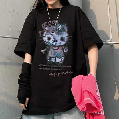 Zombie Anime Cat Print Short Sleeve T-shirt