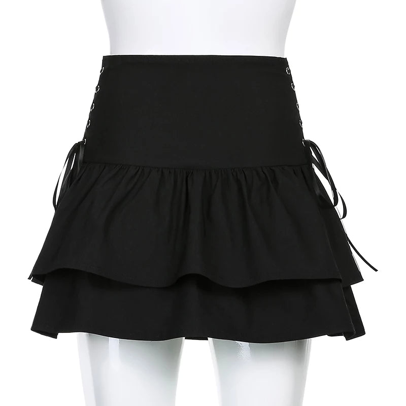 Cute 90s Lace Up Ruffles High Waist Mini Skirt Goth Punk Summer Aesthetic Casual E-Girl Kawaii Korean Japanese Harajuku