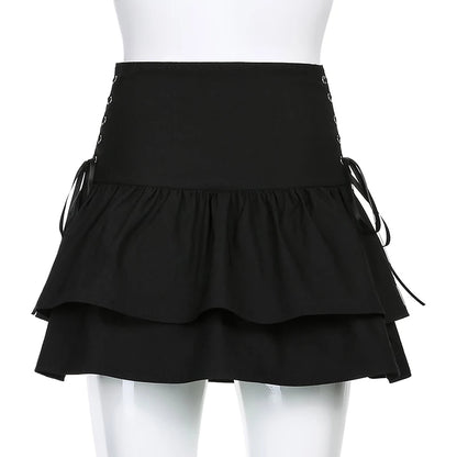 Cute 90s Lace Up Ruffles High Waist Mini Skirt Goth Punk Summer Aesthetic Casual E-Girl Kawaii Korean Japanese Harajuku