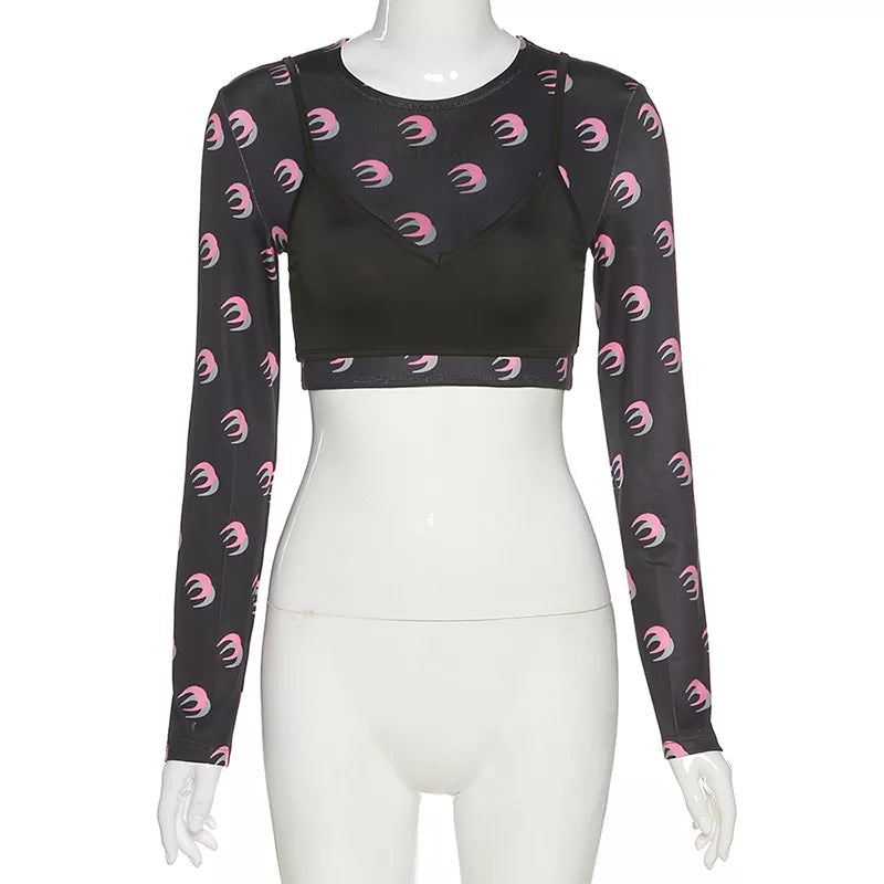 Cute Sexy 2pcs Moon Print Long Sleeve T-shirt Crop Top With Bra Camisole Summer Aesthetic Casual E-Girl Kawaii Korean Japanese Harajuku