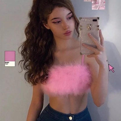 Sexy Pink Feathers Fluffy Fur Crop Top Camisole Tank Sleeveless T-shirt Tee Shirt E-Girl Kawaii Korean Japanese Harajuku Retro Streetwear Fashion