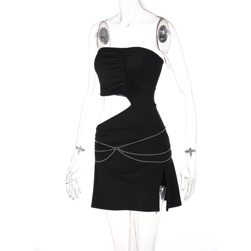 Black Strapless Chain Cut Out Split Mini Dress