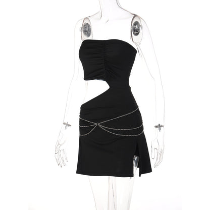 Black Strapless Chain Cut Out Split Mini Dress