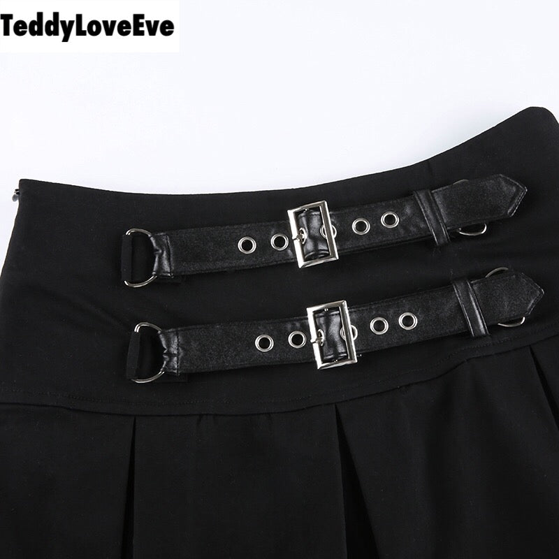 Cute Goth Dark Grunge Punk Pleated High Waisted Rivet Patchwork Mini Skirt Bottoms E-Girl Kawaii Korean Japanese Harajuku Streetwear