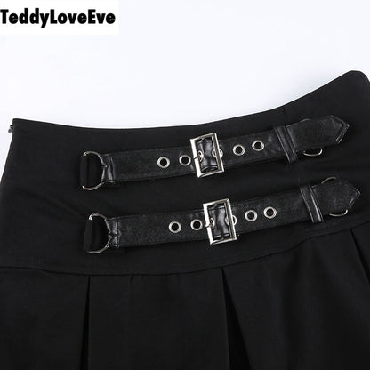 Cute Goth Dark Grunge Punk Pleated High Waisted Rivet Patchwork Mini Skirt Bottoms E-Girl Kawaii Korean Japanese Harajuku Streetwear