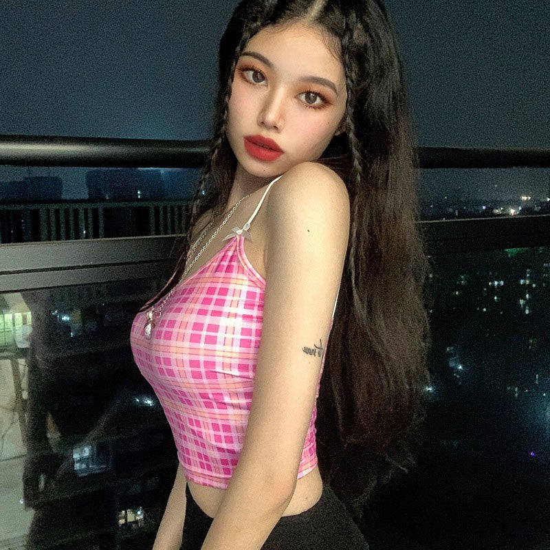 Cute Sexy Pink Checkered Plaid Tank Cami Crop Top Shirt Tee T-shirt E-Girl Kawaii Korean Japanese Harajuku Chinese Retro Streetwear Aesthetic