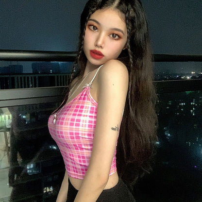 Cute Sexy Pink Checkered Plaid Tank Cami Crop Top Shirt Tee T-shirt E-Girl Kawaii Korean Japanese Harajuku Chinese Retro Streetwear Aesthetic