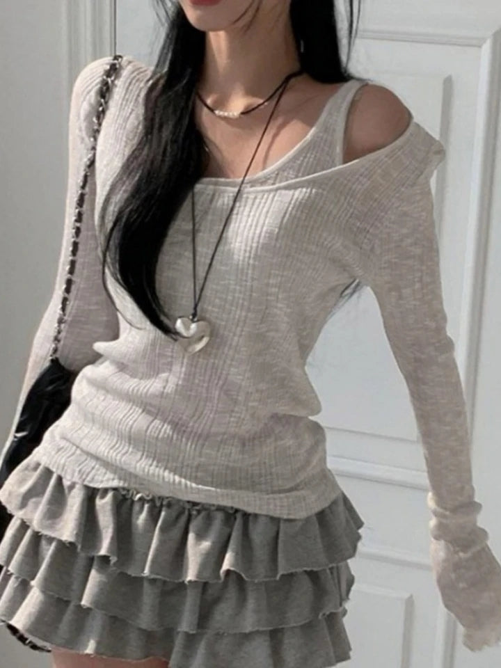 Grey Ribbed 2PCS Long Sleeve Shirt