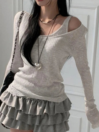 Grey Ribbed 2PCS Long Sleeve Shirt