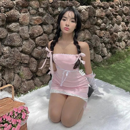 Pink Satin Lace Trim Strapless Dress