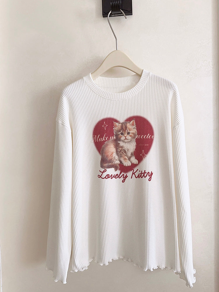 Cat Heart Print Ribbed Long Sleeve Shirt