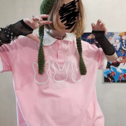 Cute Pastel Bunny Rabbit Embroidery Polo Short Sleeve T- Shirt Top Aesthetic Casual Summer E-Girl Kawaii Korean Japanese Harajuku