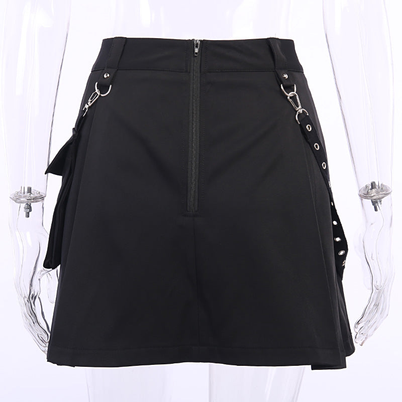 Cute Sexy Punk Goth Black High Waist Mini Skirt Patchwork Bandage Bottom E-Girl Kawaii Korean Japanese Harajuku Chinese Retro Streetwear Aesthetic