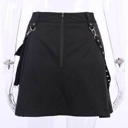 Cute Sexy Punk Goth Black High Waist Mini Skirt Patchwork Bandage Bottom E-Girl Kawaii Korean Japanese Harajuku Chinese Retro Streetwear Aesthetic