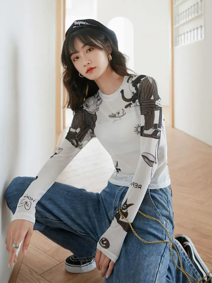 White Sun Mesh Transparent Long Sleeve Shirt