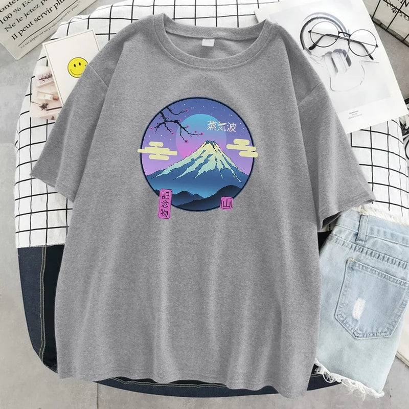 Cute Mount Fuji Japan Cartoon Anime Print Oversize Short Sleeve T-shirt Aesthetic Casual Summer E-Girl Kawaii Korean Japanese Harajuku Streetwear