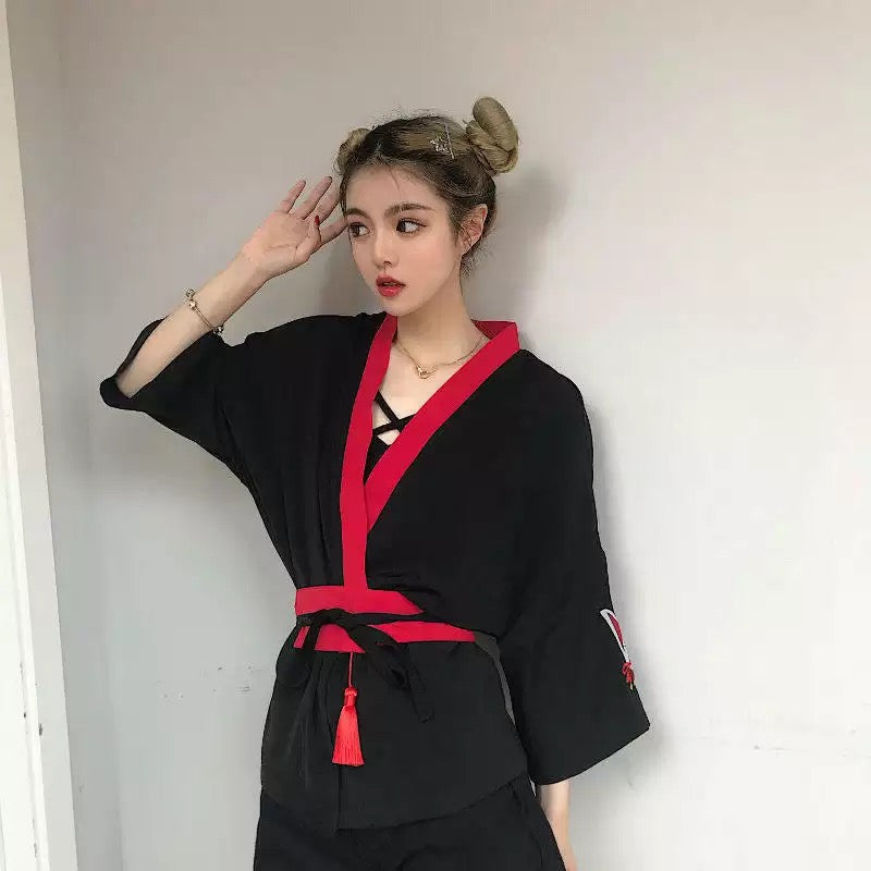 Fox Mask Anime Tassel Blouse Kimono Cardigan Cartoon Print Loose Blouse Long Sleeve Shirt Top E-Girl Kawaii Korean Japanese Harajuku Streetwear