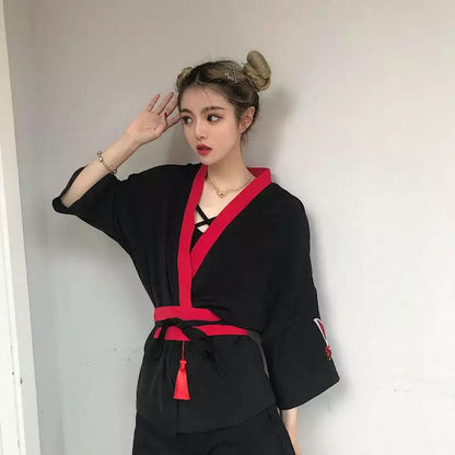 Fox Mask Anime Tassel Blouse Kimono Cardigan Cartoon Print Loose Blouse Long Sleeve Shirt Top E-Girl Kawaii Korean Japanese Harajuku Streetwear