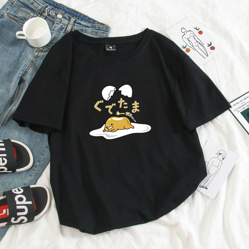 Funny Lazy Egg Cartoon Anime Print Casual Summer Loose Short Sleeve Tee Shirt T-shirt Top E-Girl Kawaii Korean Japanese Harajuku Streetwear