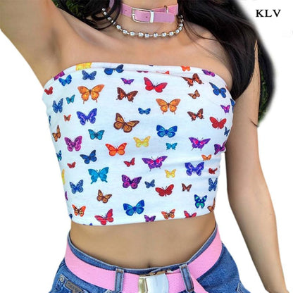 Cute Sexy Butterfly Print Colorful Crop Top Tube Off the Shoulder T-shirt Tee Shirt E-Girl Kawaii Korean Japanese Harajuku Retro Streetwear Fashion