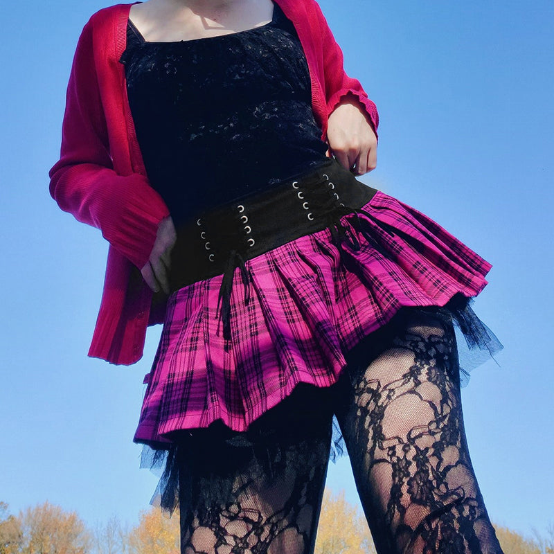 Sexy Lace Up Trim Plaid Pleated Mini Skirt Punk Goth Dark Academia School Girl E-Girl Kawaii Korean Japanese Harajuku Streetwear