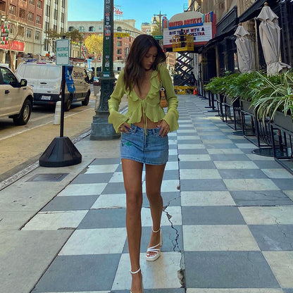 Green Sheer Flare Long Sleeve V Neck Blouse