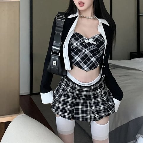 3PCS Plaid Patchwork Camisole + Pleated Skirt + Long Sleeve Shirt